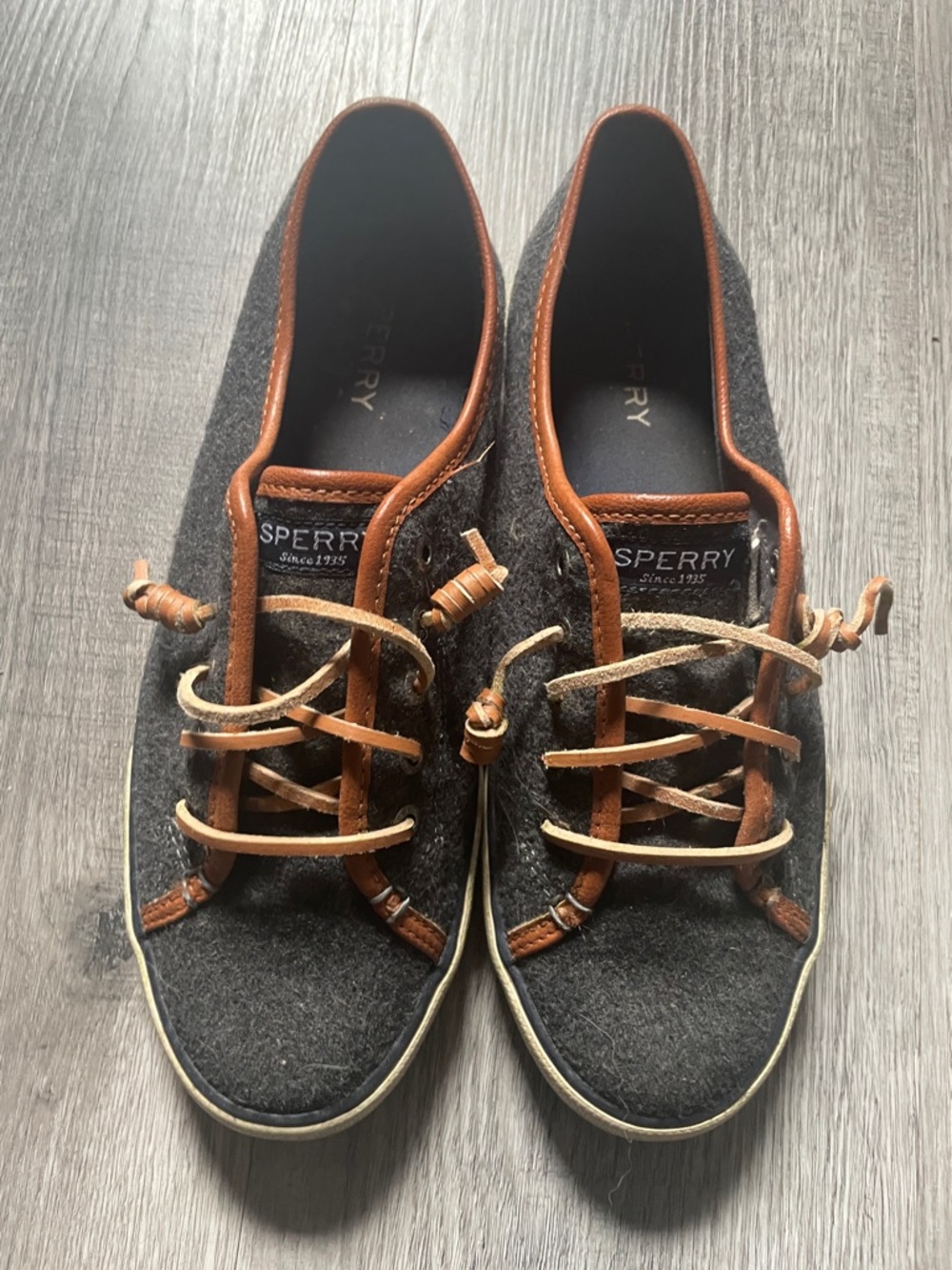 Sperry Gray Wool Boat Shoes with Brown Leather Trim